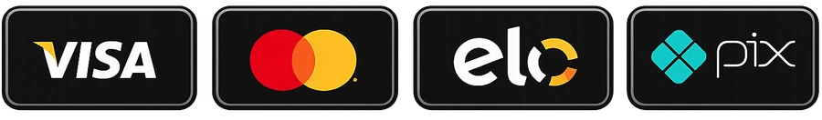 Formas de pagamento: Visa, Mastercard, Elo e Pix